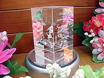 大会の名前、受賞チームの名前、開催日を側面に彫刻した、社内レクリエーションの賞品用の3Dアートグラス