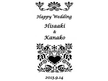 「Happy Wedding、新郎と新婦の名前、結婚式の日付」をレイアウトした、結婚祝い用のお酒に彫刻する図案