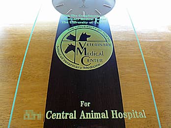 動物医療センターのマークと病院名を前面ガラスに彫刻した、動物病院の開院祝い用の掛け時計