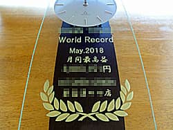 「会社名、表彰内容、受賞者名」を前面ガラスに彫刻した、表彰記念品用の掛け時計