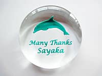 「イルカのイラスト、Many Thanks、退職する方の名前」を彫刻した、定年退職の記念品用のガラス製ペーパーウェイト