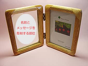 木製ブックタイプの写真立てPF-3に、「メッセージ、名前、日付」を彫刻する部位