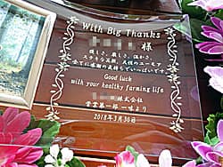 「With big thanks、○○様、株式会社○○営業第一部より」を彫刻した、上司への定年退職の贈り物用のガラス製写真立て